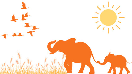 Beautiful Africa - Fascinating wildlife - lovely background illustration with elefants and birds - african nature