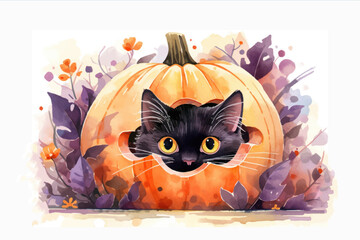 Obraz premium Halloween banner with tradition symbols. Pumpkins and black cat illustration. Generated AI