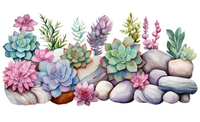 collection of soft watercolor succulents and stones isolated on a transparent background, generative ai