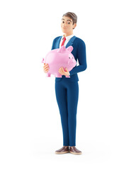 3d cartoon businessman standing with piggy bank