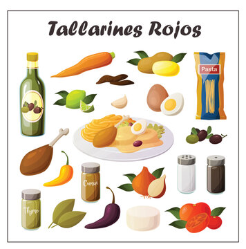 Cute vector illustration of a recipe for the peruvian dish tallarines rojos with papa a la huancaina with all its ingredients.