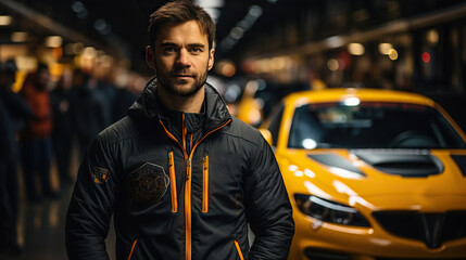 Portrait of a handsome young man in sportswear standing in front of a yellow sport race car. Generative AI.