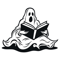 Cute Ghost read book. Draw illustration in black and white