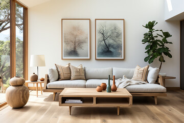 Fototapeta na wymiar Blank picture frame mockup. White living room design. generative AI