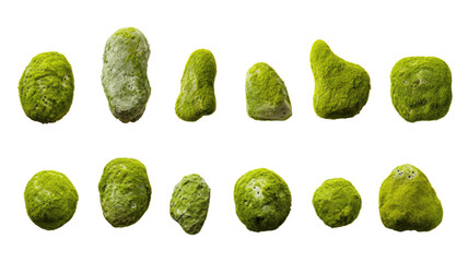 collection of mossy stones isolated on a transparent background, generative ai