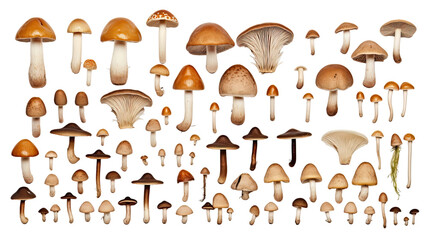 collection of mushrooms isolated on a transparent background, generative ai
