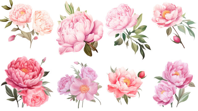 collection of peonies and roses flowers isolated on a transparent background, generative ai