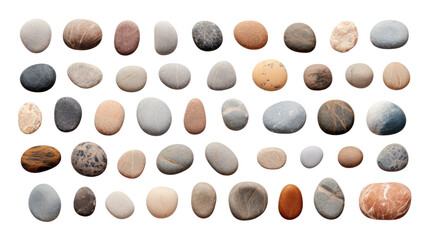 collection of smooth round river stones isolated on a transparent background, generative ai