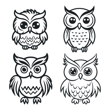 set of cartoon owl outline design with editable lines on a white background - vector.