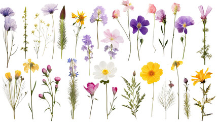 collection of wildflowers flowers isolated on a transparent background, generative ai