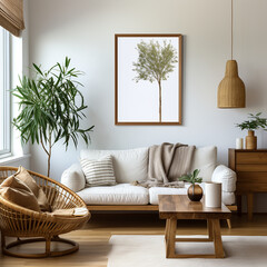 Blank picture frame mockup. White living room design. generative AI