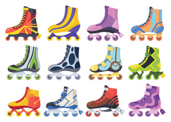 Rollerskates. Cartoon roller skates, retro footwear on wheels, kid sport shoes. Inline skates vector icons. Summer sport equipment
