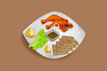Garlic nan with fried chicken on serving plate vector illustration.