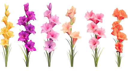 collection of gladiolus flowers isolated on a transparent background, generative ai