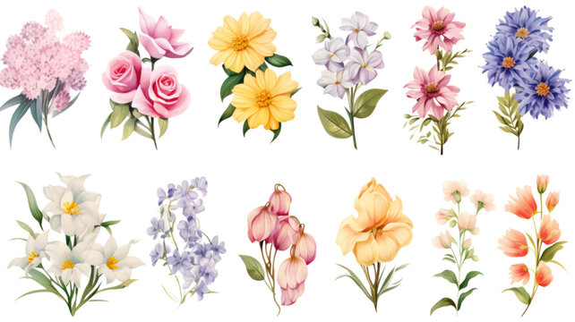 collection of bouquets of mixed flowers isolated on a transparent background, generative ai