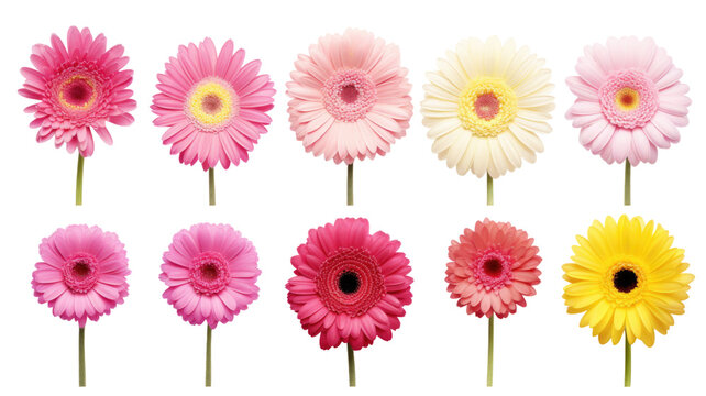 collection of gerbera daisies flowers isolated on a transparent background, generative ai
