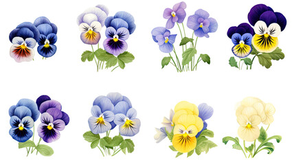 Fototapeta premium collection of pansies flowers isolated on a transparent background, generative ai