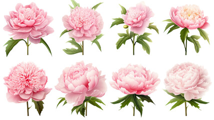 collection of peonies flowers isolated on a transparent background, generative ai