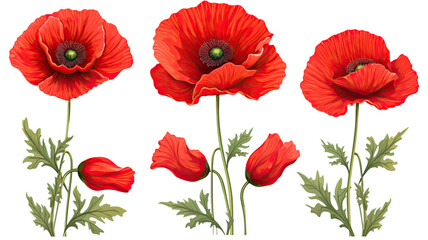Obraz premium collection of poppies flowers isolated on a transparent background, generative ai