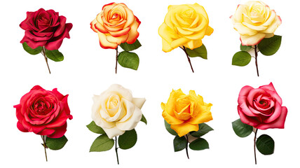 collection of roses flowers isolated on a transparent background, generative ai