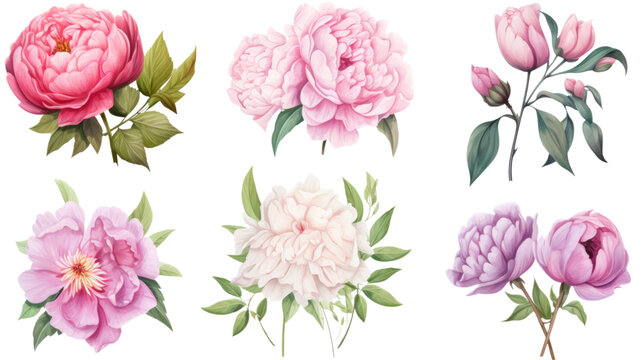 collection of soft pastel peonies and roses flowers isolated on a transparent background, generative ai