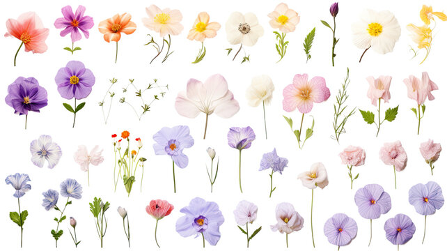 collection of soft pastel summer flowers isolated on a transparent background, generative ai