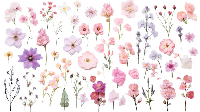 collection of soft pastel spring flowers isolated on a transparent background, generative ai