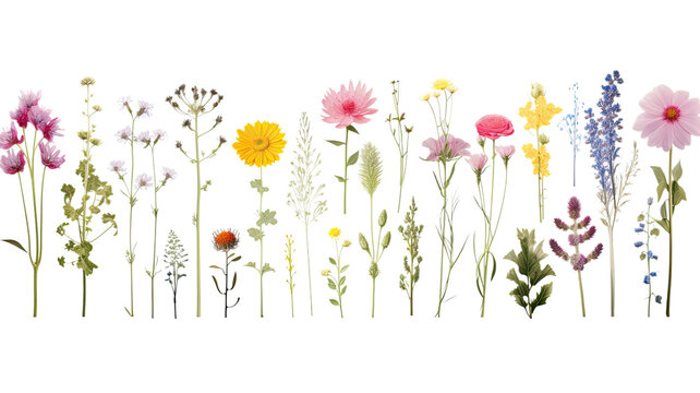 collection of soft pastel wildflowers flowers isolated on a transparent background, generative ai
