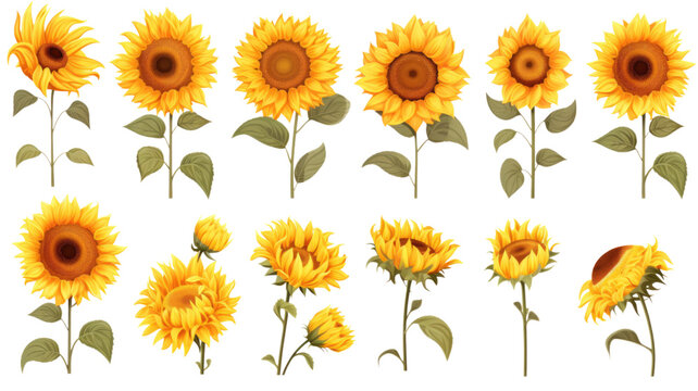 collection of sunflowers flowers isolated on a transparent background, generative ai