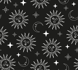 Seamless design of celestial sun, moon and stars, vector for fashion, fabric, cover, card, poster designs