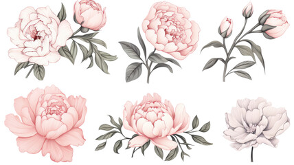 collection of hand drawn peonies and roses flowers isolated on a transparent background, generative ai