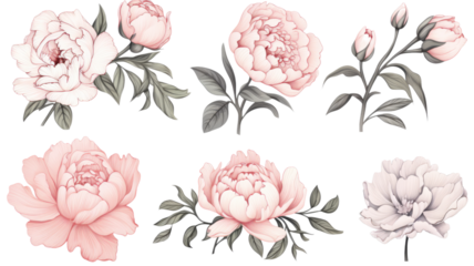 collection of hand drawn peonies and roses flowers isolated on a transparent background, generative ai