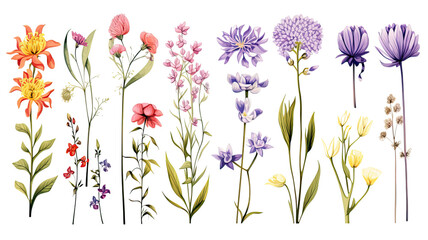 Fototapeta na wymiar collection of hand drawn spring flowers isolated on a transparent background, generative ai