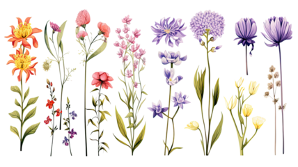 collection of hand drawn spring flowers isolated on a transparent background, generative ai