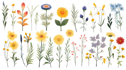 collection of hand drawn summer flowers isolated on a transparent background, generative ai