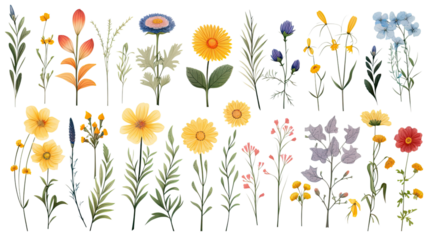 collection of hand drawn summer flowers isolated on a transparent background, generative ai