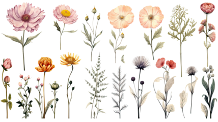 collection of hand drawn swamp flowers isolated on a transparent background, generative ai