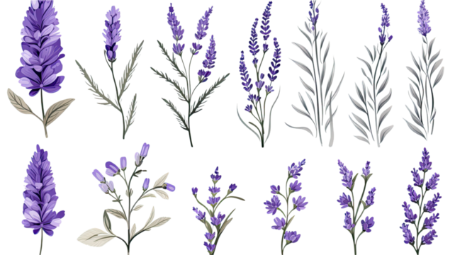 collection of hand drawn lavender flowers isolated on a transparent background, generative ai - Powered by Adobe