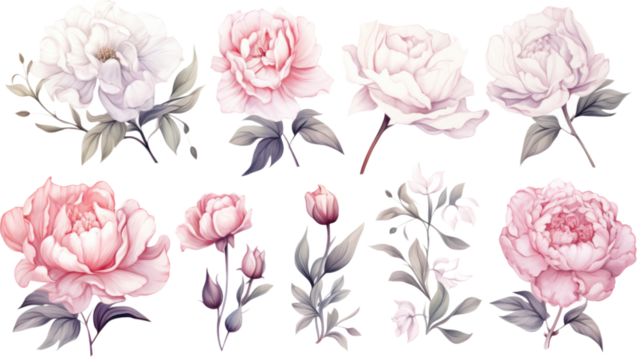 collection of hand drawn peonies and roses flowers isolated on a transparent background, generative ai - Powered by Adobe