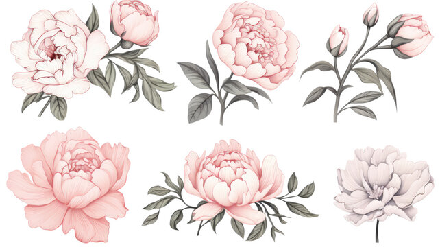 collection of hand drawn peonies and roses flowers isolated on a transparent background, generative ai