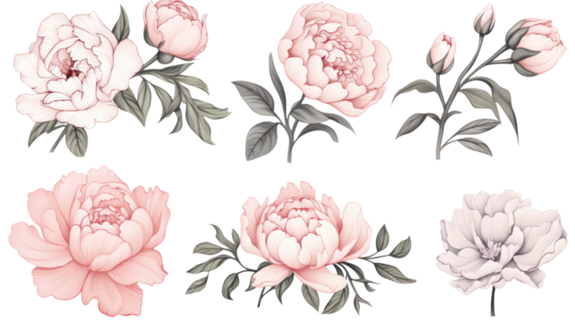 collection of hand drawn peonies and roses flowers isolated on a transparent background, generative ai