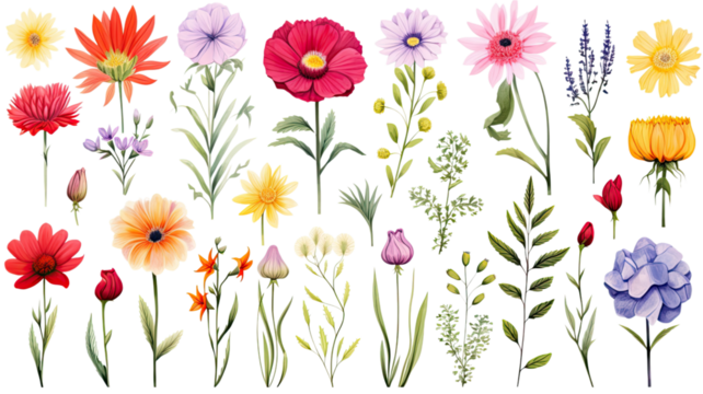 collection of hand drawn summer flowers isolated on a transparent background, generative ai - Powered by Adobe