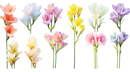 Obraz na płótnie Canvas collection of soft pastel freesia flowers isolated on a transparent background, generative ai