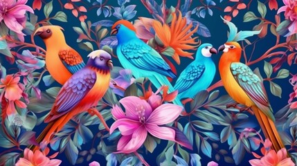 Exotic oriental pattern with birds and flowers in brig.Generative AI