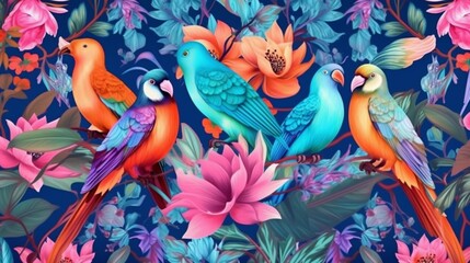 Naklejka premium Exotic oriental pattern with birds and flowers in brig.Generative AI