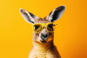 Posing with confidence, kangaroo adds a trendy touch to its marsupial charm, wearing sunglasses and scarf with flair. AI Generative.