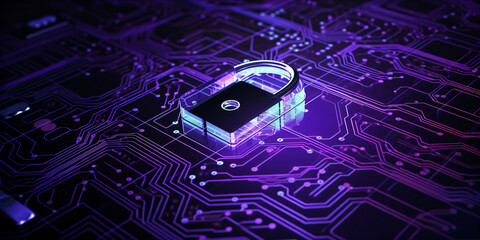 Cyber security concept. Padlock on circuit board background neon purple created with AI 