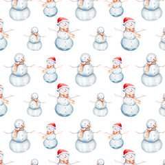 Watercolor Merry Christmas seamless pattern snowman, christmas tree, santa holiday invitation. Christmas gift celebration cards. Winter new year design.