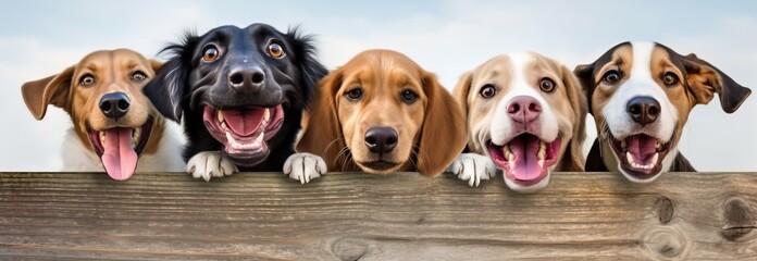 Smiling cute dogs of different breeds peek out from behind a wooden fence. Banner with animals. Generative AI
