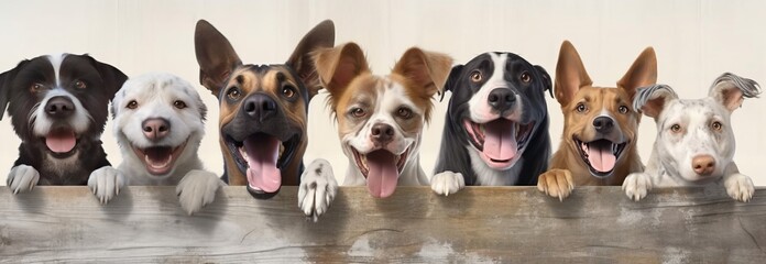 Smiling cute dogs of different breeds peek out from behind a wooden fence. Banner with animals. Generative AI
